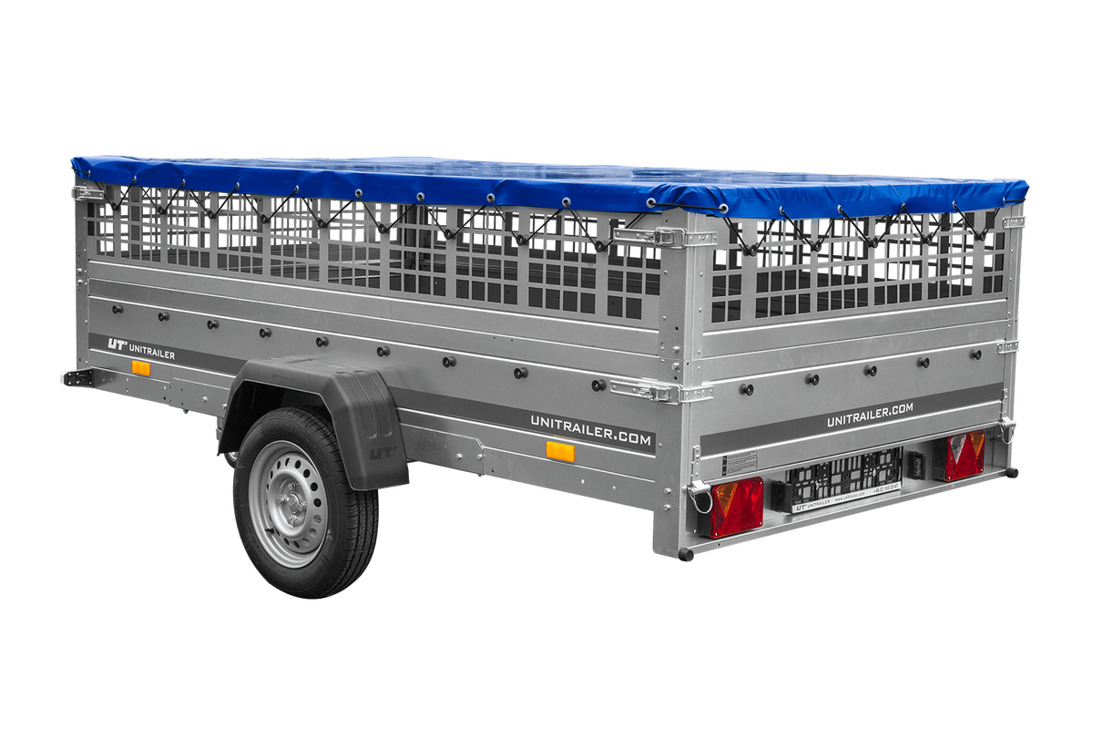 Remorque légère 264x150 UNITRAILER GARDEN 265 KIPP avec ridelles grillagées, châssis H-0 et bâche bleue