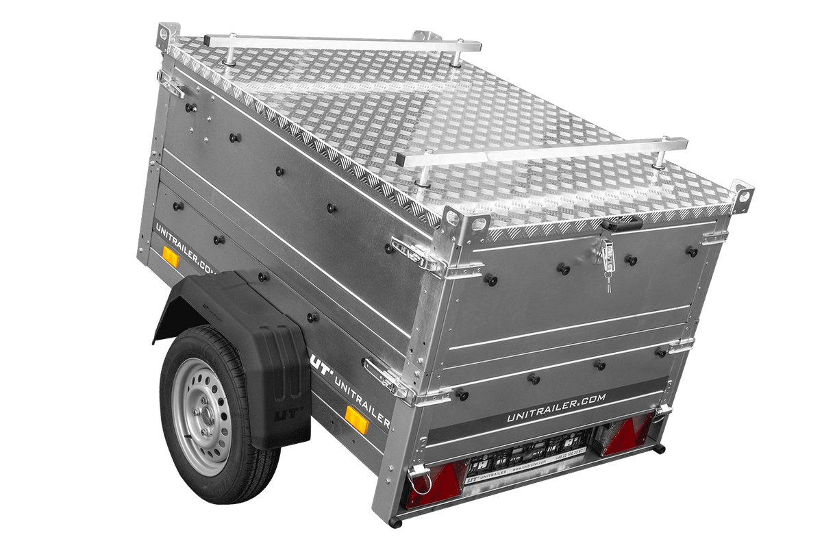 Remorque un essieu 150x106 UNITRAILER GARDEN 150 KIPP avec côtés, ridelles supplementaires et capot en aluminium
